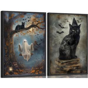 2Pcs Vintage Halloween Wall Art Black Cat Ghost Wall Decor Painting Picture Autumn Ghost Posters Prints Dark Academy Artwork for Living Room Bedroom Bathroom Decoration 16x24in Unframed