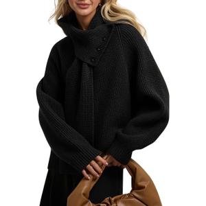 ALPSWARE Women V Neck Sweater with Buttons Pullovers Tops for Women with Scarf 2025 Winter Fall Fashion Black (Black, L)