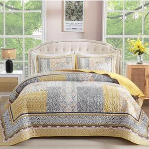 WONGS BEDDING Yellow Quilt Set Full,Bohemian Patchwork Bedspread Coverlet Set, Reversible Boho Floral Pattern Bedspreads Bedding Quilt Set for All Seasons (78"x90")