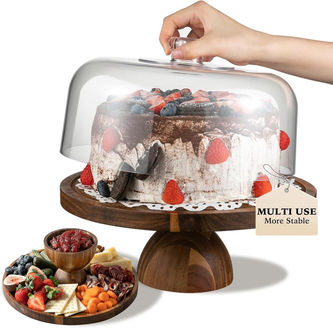 Acacia Wood Cake Stand with Lid,12in Round Acrylic Cake Stand with Dome,2-In-1 Reversible Charcuterie Board with Lid,Large Wooden Baked Goods Display Holder,Perpare For Dessert,Cheese,Chips,Cookie