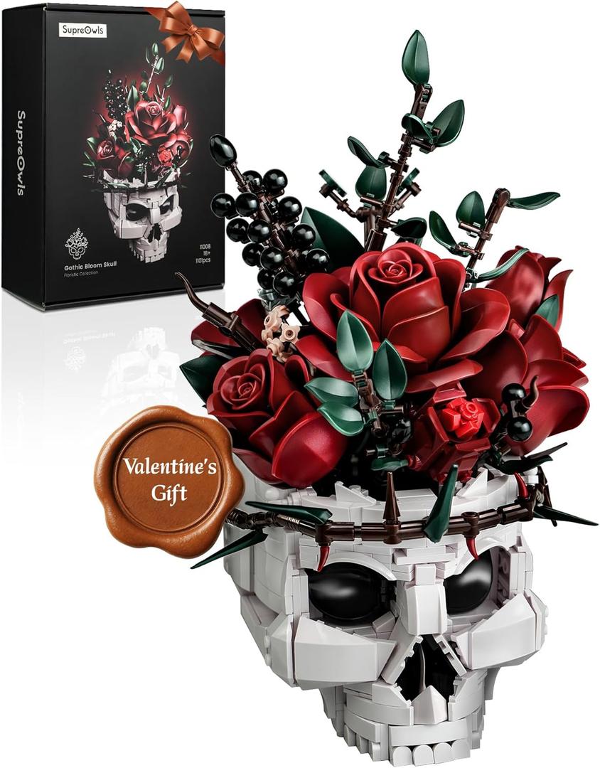 iATOM Skull Roses Flower Bouquet Building Set, Botanical Collection Kit for Adult Women, Gift for Valentines Day for Her/Girlfriend/Mom/Wife/Couple, Goth Horror Skeleton Pot Home Table Decor Aesthetic