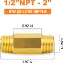 GASHER Brass Long Nipple, 1/2 NPT brass nipple, 2" Length Brass Pipe Fitting(2Pcs)
