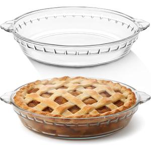 Uiifan 2 Packs 9 Inches Mini Glass Pie Pan for Baking Clear Pie Plate with Handles Round Glass Dish for Baking and Serving, Snacks, Salads, Desserts