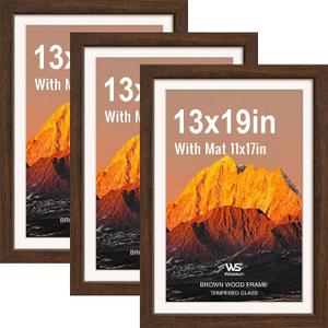 13x19 Picture Frame 3 Pack, Brown Wood, Tempered Glass, 11x17 Mat