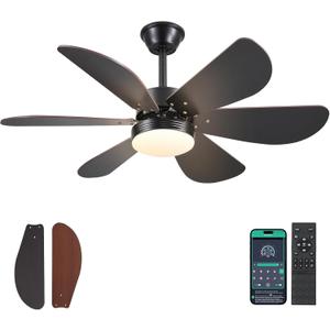 Black Ceiling Fans with Lights and Remote,42" Modern Bedroom Ceiling Fans Light with 6 Reversible Wood Blades,Small Fans with Light for Patio Kitchen