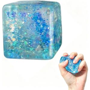 2 x Squeeze Stress Relief Cubes, Cube Stress Ball Slow Rise Ice Cube for Adult (Blue)