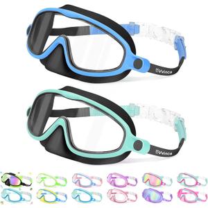 Vvinca 2 Pcs Kids-Swim-Goggles with Nose Cover, Swimming Diving Mask Wide View Anti Fog UV Anti Shattered Lens for Kids 3-5 (04-black Blue& Black Green)