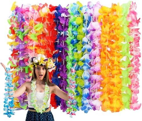 24pcs Leis for Luau Party, Hawaiian Leis Bulk Decorations Silk Flower Necklace, Colorful Tropical Hawaiian Bulk Hula Dance Party Decor, Flower Leis Summer Beach Pool Party Decorations Favors Supplies