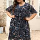 Keluummi Plus Size Summer Wedding Guest Dress for Curvy Women, Casual Boho Floral Empire Waist Midi Flowy Dress with Sleeve (Black, XXXL)