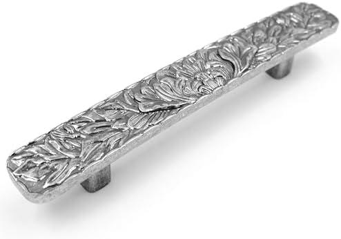 JETLAND Bridged Drawer Cabinet Pulls, 4-Pack Aged Silver 4" Hole Centers, Antique Peony Solid Cast, TG0115OS102