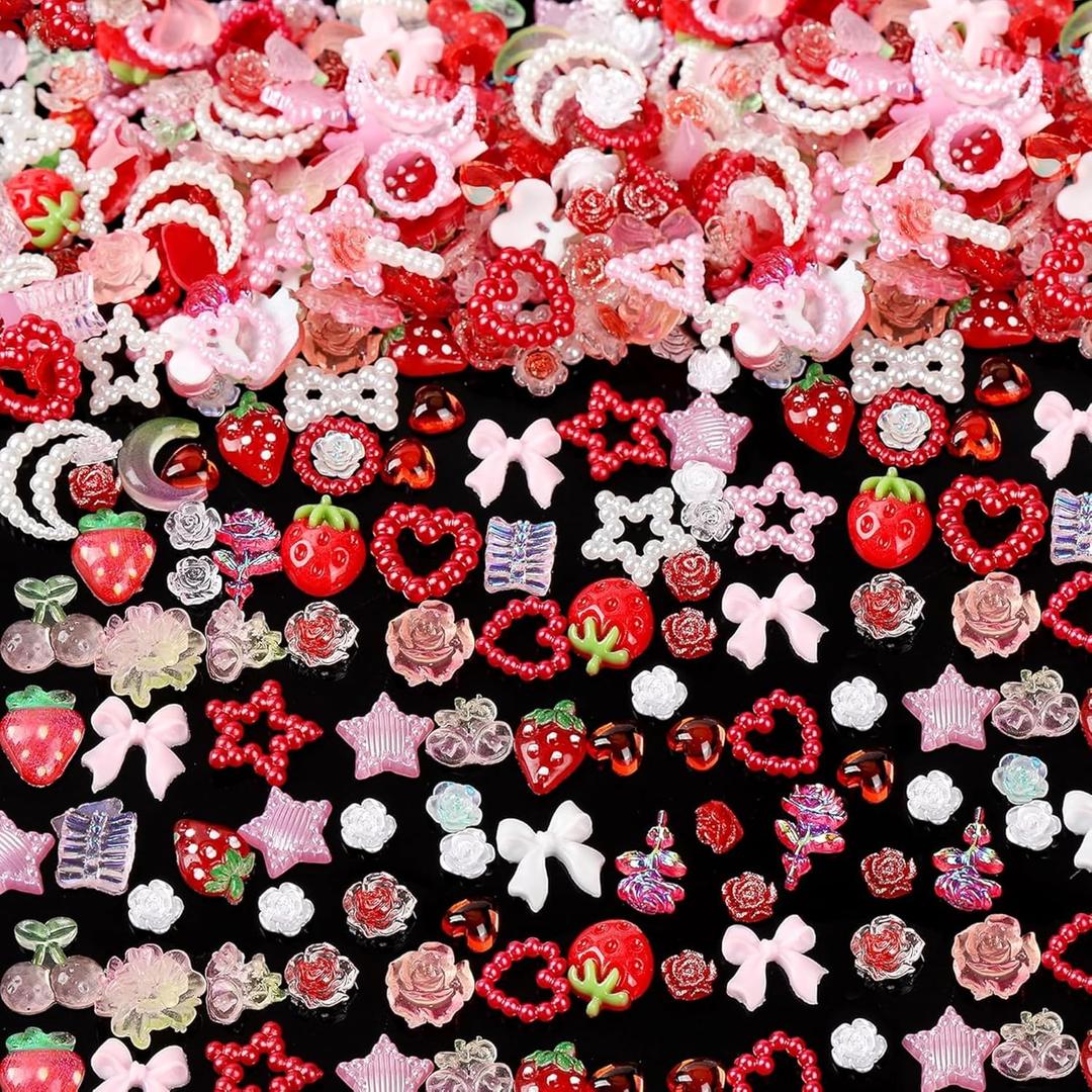 110pcs 3D Pink Red Strawberry Flower Nail Charms Cherry Rose Camellia Butterfly Charms Resin Accessories Flatback Charms for Nails Design Moon Star Nail Jewels for Women Nail Art Supplies 1