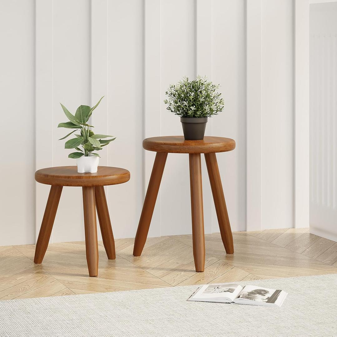 Rubber Wood Plant Stand & Small Stool, 12.6' Multi-Functional Natural Wood Stool for Home, Living Room, Bedroom, or Garden (16+18" Tall)