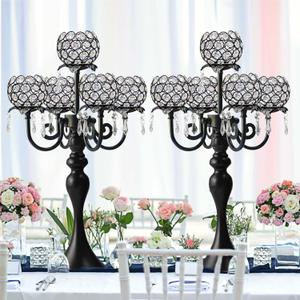 2Pcs Elegant 5-Arm Tea Light Crystal Candle Holder with Pendant Chain & Round Crystal Bowl - 22.5 Inch Tall Black Wedding Table Centerpiece for Holiday Events, Parties & Home Decor