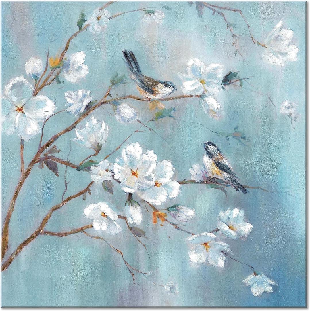 White Floral Canvas Artwork Wall: Elegant Flower Tree and Birds Wall Art Painting for Living Room (12'' x 12'' x 1 Panel)