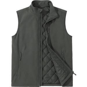 ASPO Men's Windproof Warm Golf Vest Outerwear with 6 Pockets Waterproof Winter Softshell Sleeveless Puffer Jacket for Hiking (Large, Dark Grey)