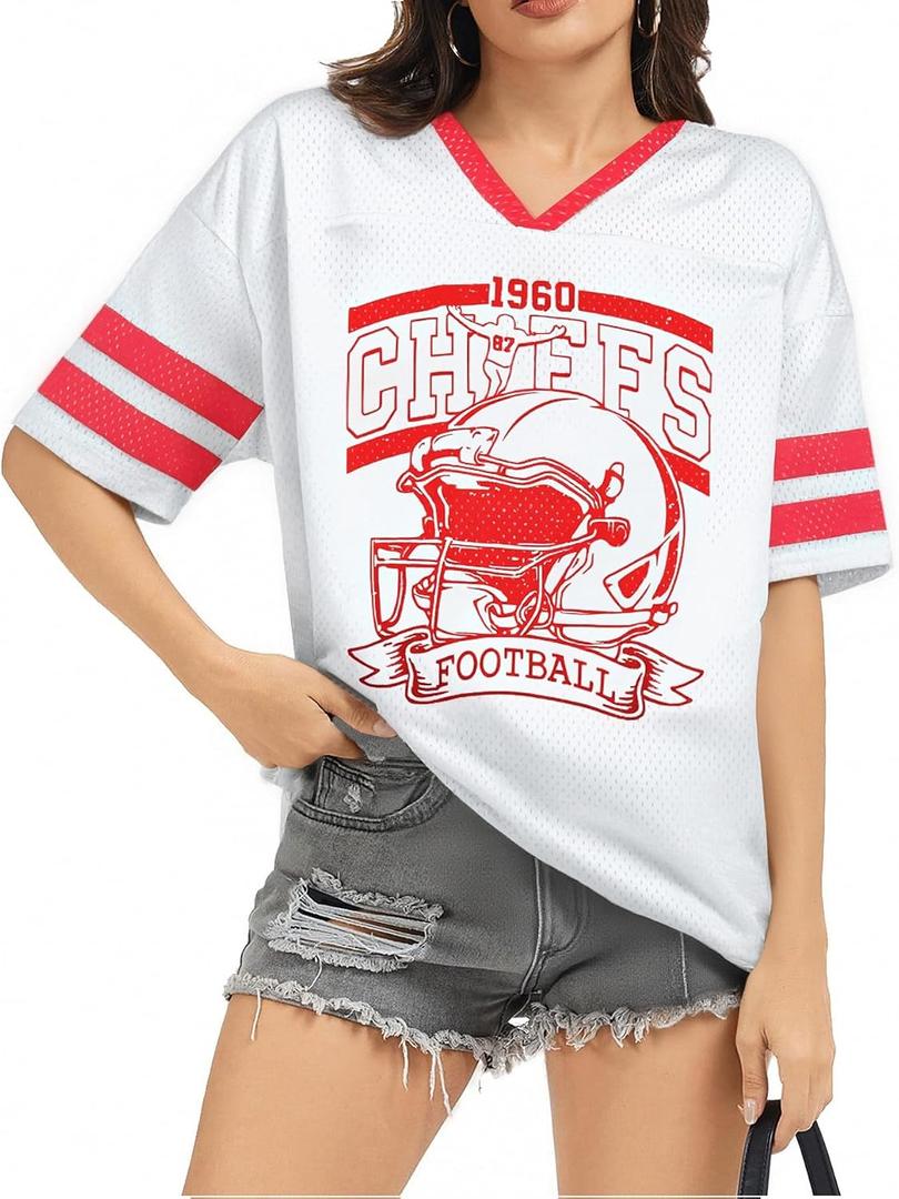 3 x Oversized Football Jersey Tshirt Women Game Day Graphic V-Neck Jersey Tees Football Team Fans Mesh Tshirt (M)