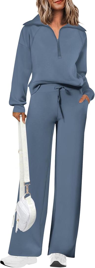 PRETTYGARDEN Women's 2 Piece Outfits Casual Lapel Half Zip Sweatshirts and Wide Leg Pants Tracksuit Sets (Blue, L)