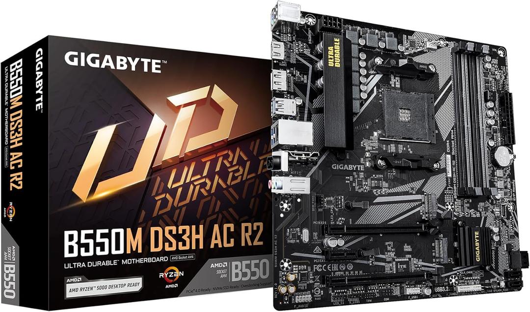 GIGABYTE B550M DS3H AC R2 AMD AM4 mATX Motherboard, Supports Ryzen 5000/4000/3000 Series Processors, DDR4, 5+3 Power Phase, 2X M.2, PCIe 4.0, WIFI5, GbE LAN, PCIe EZ-Latch, WiFi EZ Plug, RGB Fusion