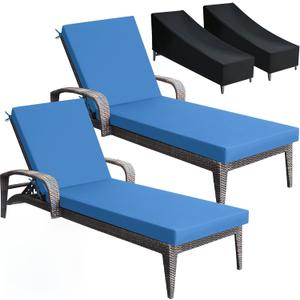 Patelai 2 Set Blue Chaise Lounge Cushions Outdoor 70x21x3 Inch with Black Lounge Chair Covers, Waterproof Sun & Fade Resistant Lounger Replacement Cushion Thick for Pool Deck Lawn Furniture