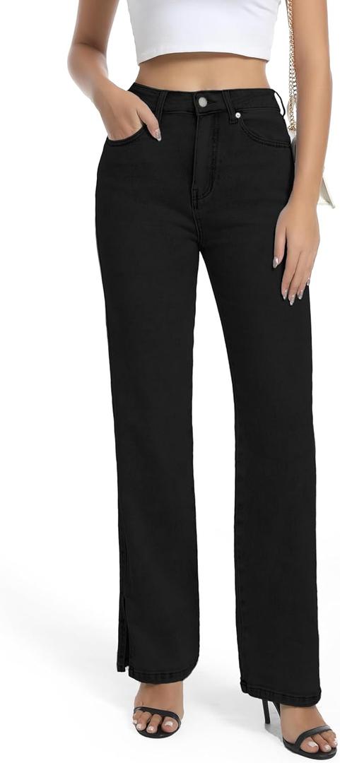 Womens Jeans High Waisted Stretchy Straight Leg Split Hem Jeans for Women Trendy Classic Denim,Black 8