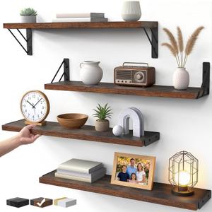 BAYKA Wall Shelves for Bedroom Decor, Floating Shelves for Wall, Display Mounted Rustic Wood Shelf for Books,Plants,Corner Shelves for Bathroom,Kitchen,Living Room(Rustic Brown23inSet of 4) (23-inch Standard)