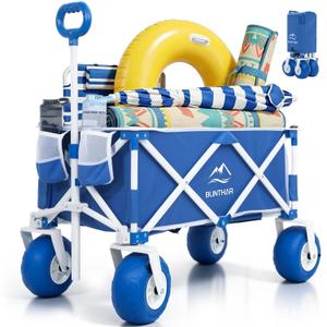 BLINTHAR Beach Wagon with Big Wheels for Sand, Heavy Duty Harder Sand Collapsible Folding Wagon with All-Terrain 9" Pneumatic Ballon Tires, Utility Wagon for Garden Sports Camping Outdoor Activities