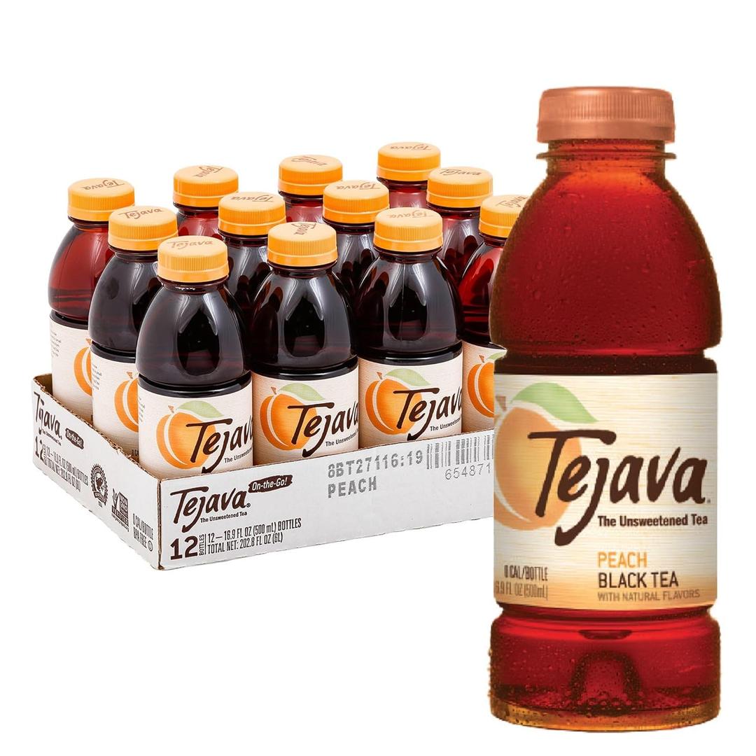 Tejava Unsweetened Peach Iced Tea, 16.9 Ounce PET Bottles, Natural, Non-GMO-Verified, Rainforest Alliance-Certified (12 Pack) (EXP 03/09/27)