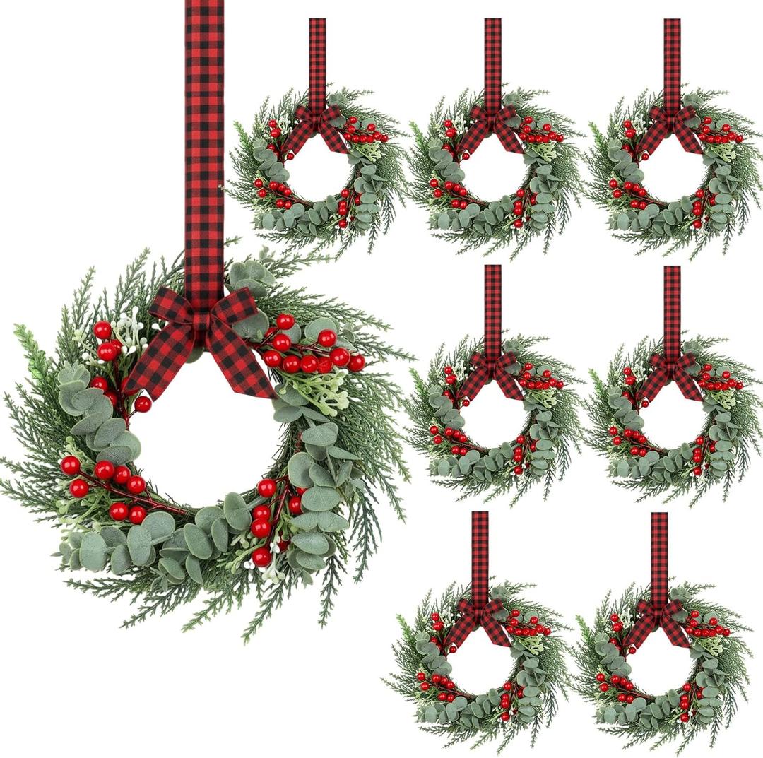 8 Pcs 8" Mini Christmas Wreaths for Kitchen Cabinet Small Christmas Candle Rings Wreaths, Front Door Pillars/ Home Table Centerpieces Hanging Garlands, for Windows/ Wedding Decor (No Red Ribbon)