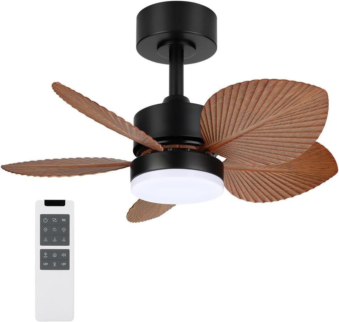 DAKASON Tropical Ceiling Fan with LED Light and 5 Palm Leaf Blades, 26" Quiet Reversible DC Motor, Brown Fan for Patio and Hallway