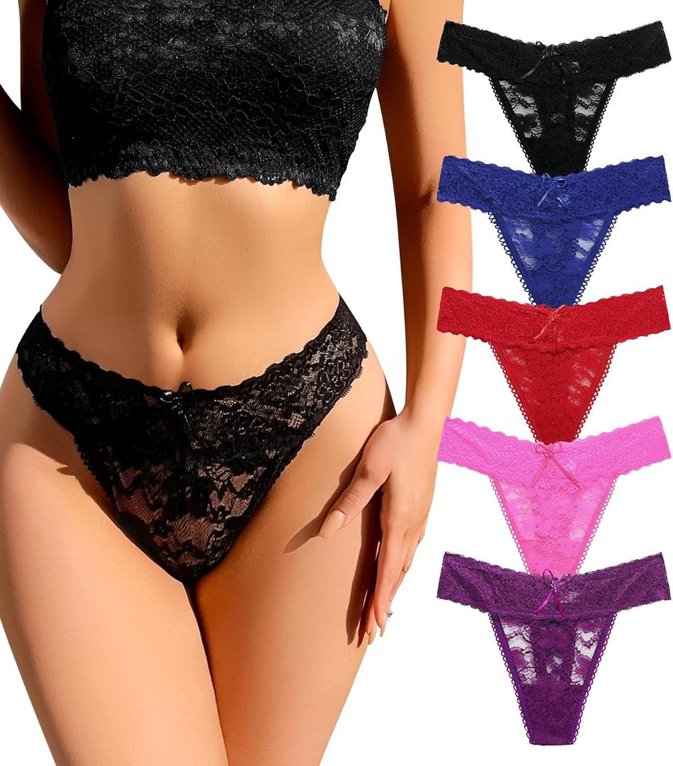 Sexy Thongs for Women Flora Lace Underwear T-Back See Through Soft Stretch Low Waisted Ladies No Show Panties 5Pack, Medium