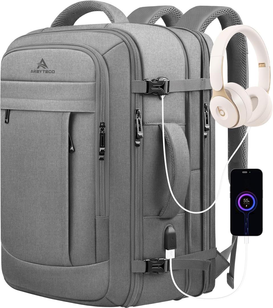 Carry On Backpack, 50L Extra Travel Laptop Backpack for Men Women, Big Bag Business Travel Essentials Gifts for men Flight Approved, 17 Inch Laptop Backpack Computer Bag Gifts for Him Men, Grey (17.3 Inch (20''x13''x10''))