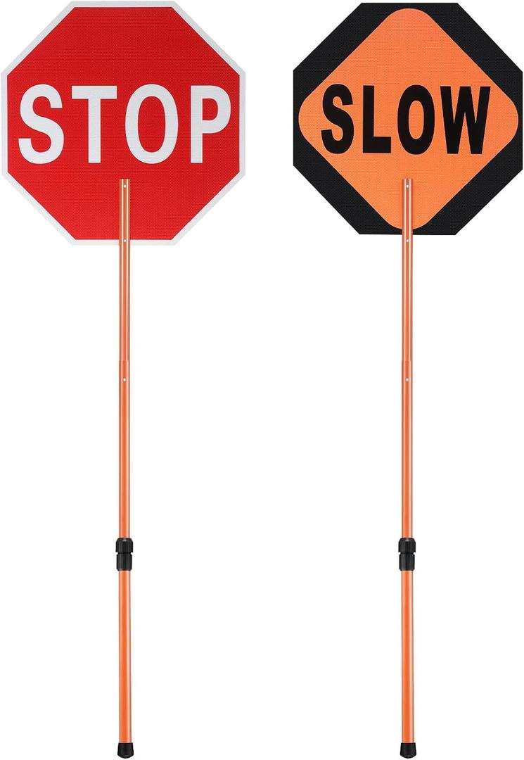 Kanayu 1 Pcs 18x18 Inch Double Sided Stop/slow Paddle Signs Reflective Stop Slow Sign Flagger with Telescopic Pole Handheld Guard Paddle for Road Traffic Construction