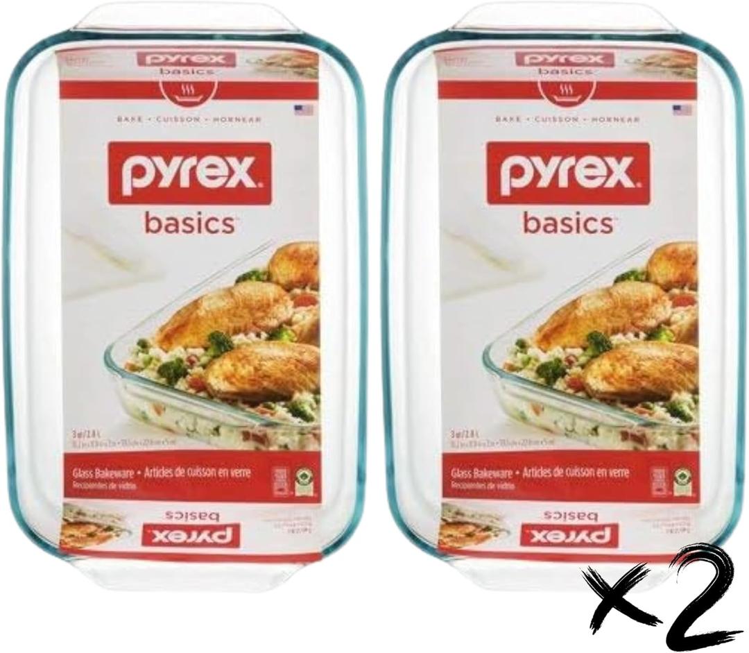 Pyrex Basics 3 Quart Oblong Glass Baking Dish, Clear 9 x 13 inch - Set of 2 - Original Genuine Pyrex - Made in the USA