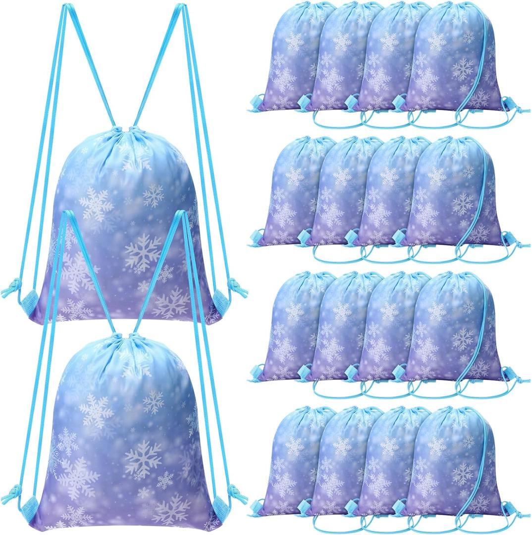 ReliThick 16 Pcs Snowflake Party Favor Gift Bags Blue and Purple Drawstring Backpack Snowflake Treat Goodie Bags for Winter Holiday Birthday Party Supplies