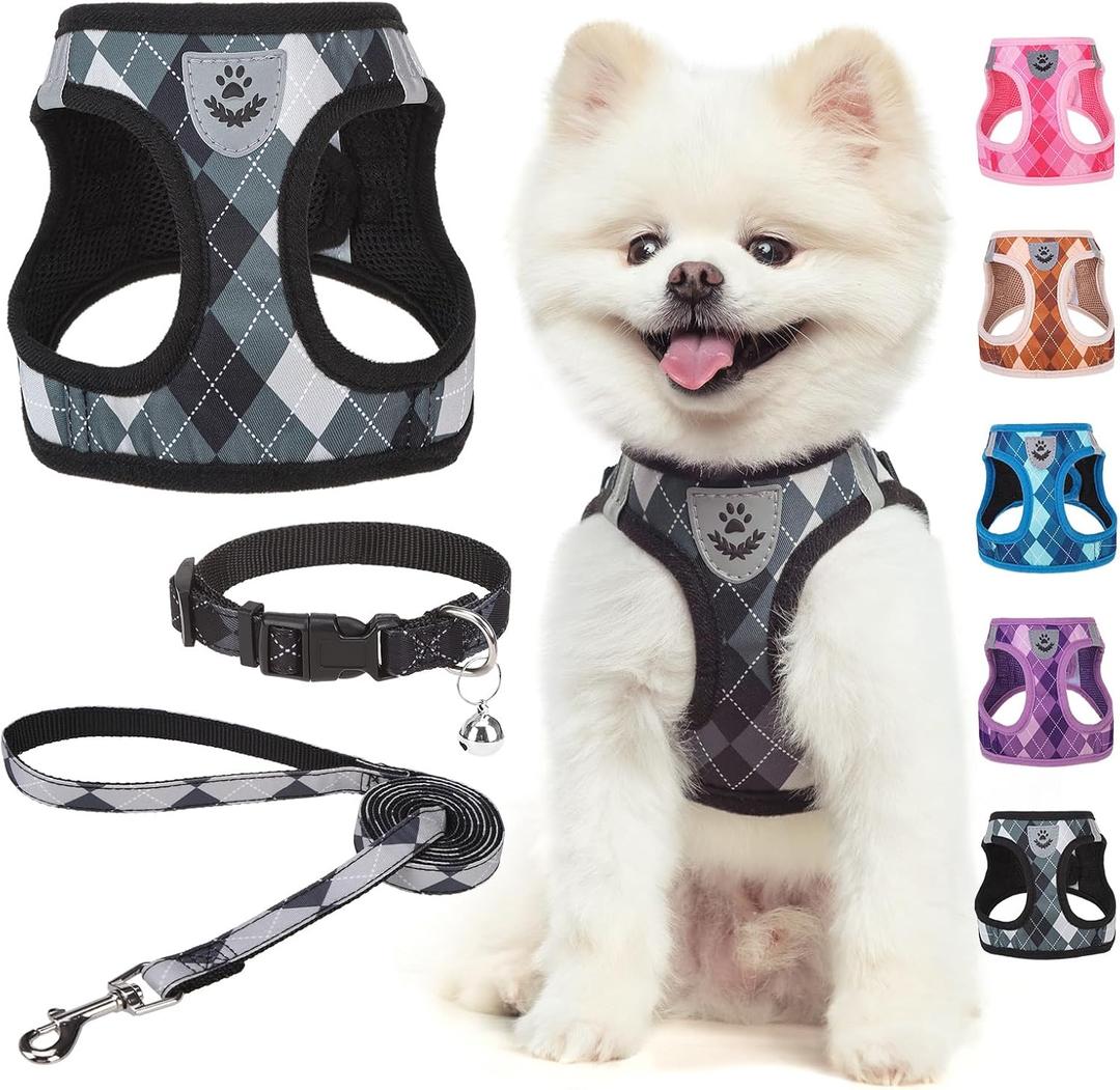 SCENEREAL Small Dog Harness and Leash Collar Set, Step in No Pull Soft Mesh Dog Harnesses for Small Medium Sized Dogs Puppy and Cats Outdoor Walking, No Chock Reflective Vest Harness, Black Plaid S (S: Chest Girth: 14.5"-16")
