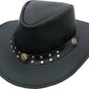 Leather Cowboy Hat for Men Women Western Australian Outback Hat with Shapeable Wide Brim, Aussie Style Leather Hat (Small, Black)