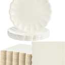 Newtay 100 Pcs Scalloped Paper Plates and Napkins Set Include 50 Pcs 9.5 Inch Large Scalloped Plates 50 Disposable Napkins 5 x 5 Inch for Birthday Dinner Wedding Picnic Party Supplies (Cream Color)