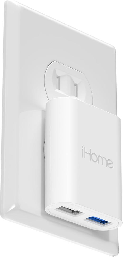 iHome Multiport 40W USB-C Charger, AC Pro 2-Port Flat Block, Dual Fast Charging Wall Adapter (White, 2 Port USB Charger)