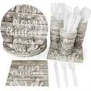 Sustainable Greetings Juvale 144 Piece Merry Christmas Party Plates, Napkins, Cups, Cutlery, Wood Plank Design Dinnerware (Serves 24) - Dinnerware Set - Christmas Plates And Napkins