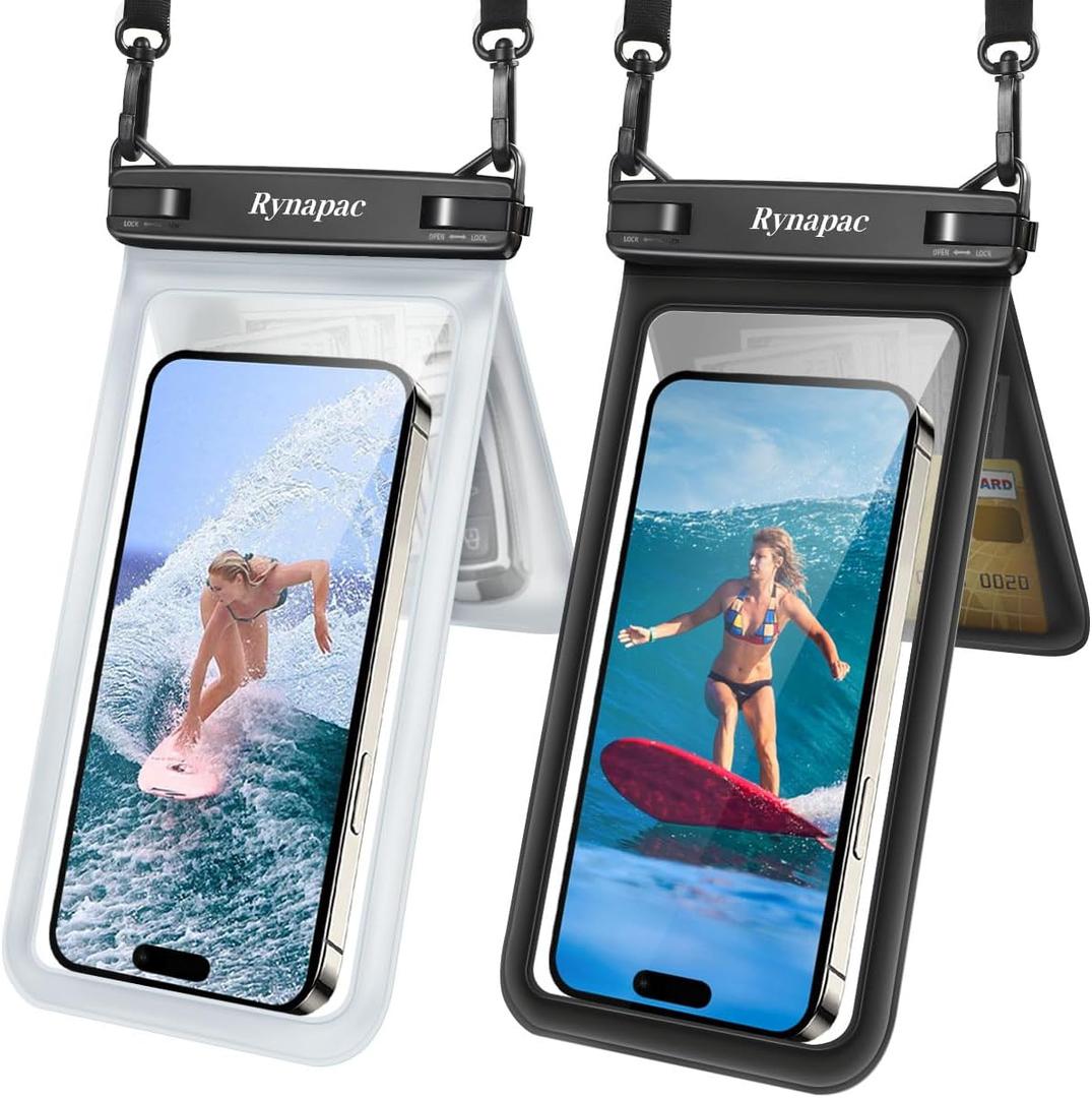 Double Space Waterproof Phone Pouch, 2 Pack Waterproof Phone Case with Lanyard for iPhone 16 15 Pro Max Galaxy S23 Pixel 7a up to 8.5, Cellphone Dry Bag for Beach Vacation Travel Cruise Essentials (Black+Clear)