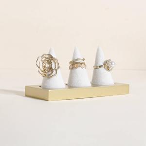 GemeShou Jewelry ring display holder for selling, velvet ring cone display stand, cute cone shaped ring holder with golden coated base,Medium jewelry ring storage organizerRing holder-white 3 cone