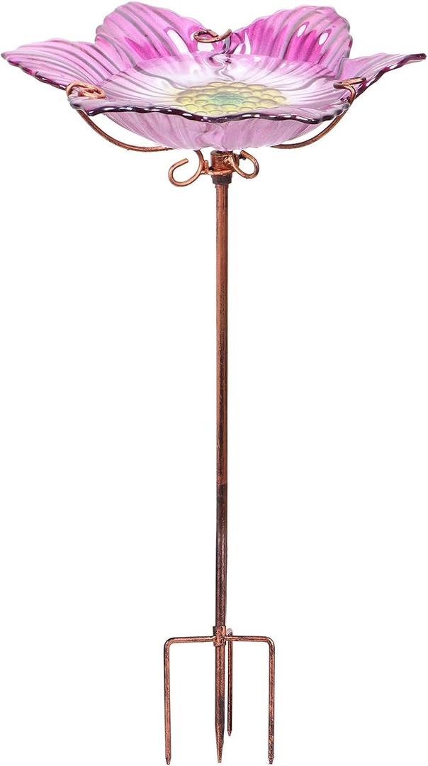 Outdoor Bird Bath Glass Birdbath Garden Birdfeeder with Metal Stake Pink(Height:26inch)