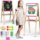 JOYOOSS Art Easel for Kids Easels for Toddlers with Paper Roll,Adjustable Wooden Magnetic Board Double Sided Whiteboard & Chalkboard 2-4 Art Easel for Kids Ages 4-8 Toddlers Painting Drawing Easel (Pink)