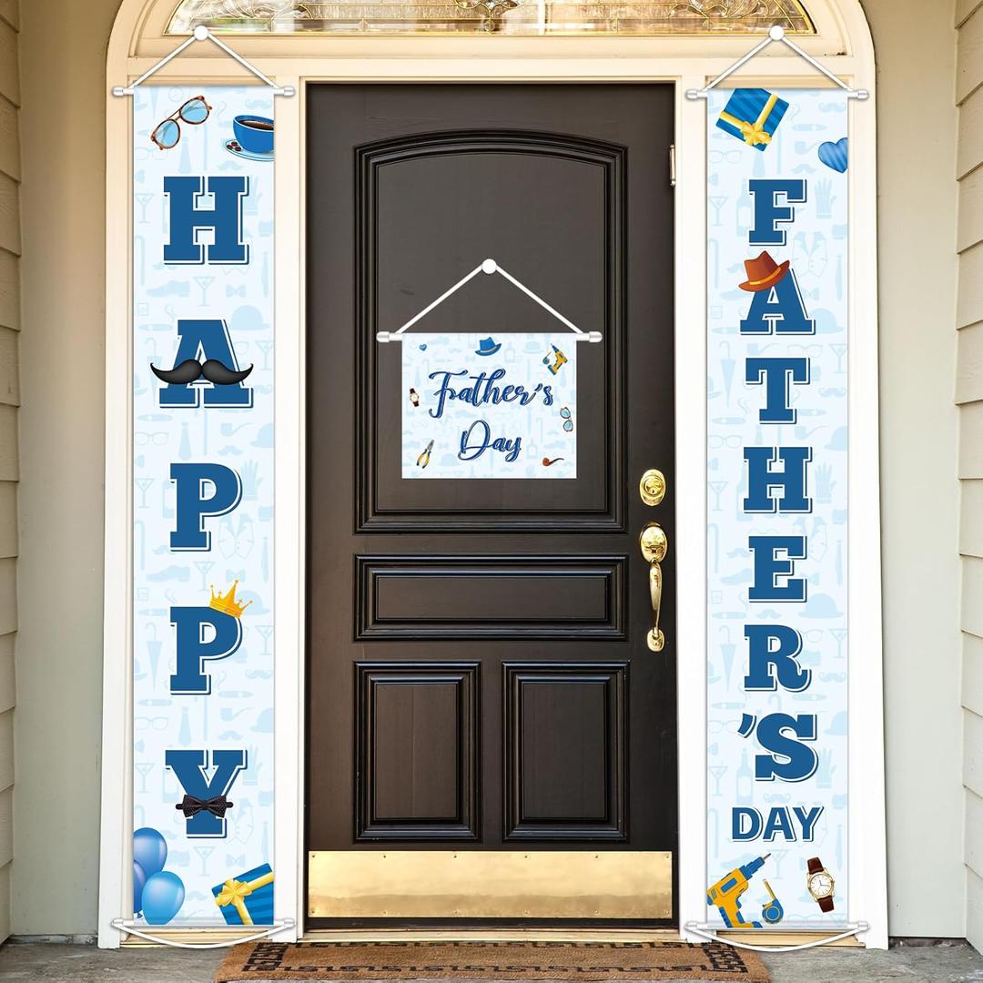 3PCS Happy Father Day Porch Sign Banners Fathers Days Party Decorations Blue Fathers Welcome Hanging Front Door Banner for Indoor Outdoor Photo Backdrop Background I Love Dad Favor Supplies