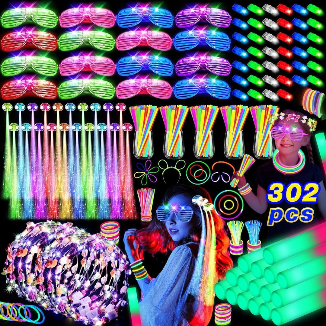 302 PCS Glow in the Dark Party Supplies, 20 LED Hair Clips Fiber Optic, 16 LED Glasses, 16 Foam Glow Sticks, 10 Light Up Flower Crowns, 40 Finger Lights,200 Glow Sticks for Glow Party Wedding Birthday
