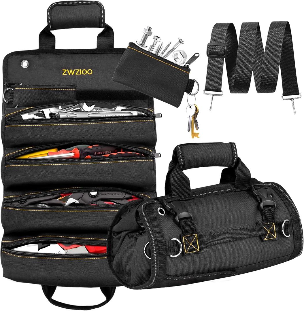 Stocking Stuffers Gifts for Men, Roll Up Tool Bag with 6 Pouches, Heavy Duty Portable Foldable Tool Storage Organization, Rollup Toolbag Organizer Gift for Dad, Husbands, Him, Mechanics, Electricians