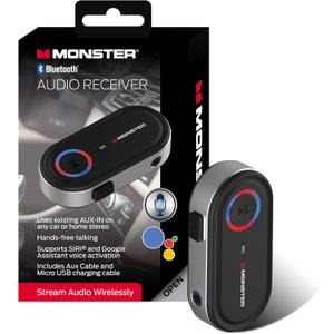 Monster Bluetooth Receiver for Car and Home, Bluetooth Car Adapter Audio Receiver with 3.5mm Aux, Microphone, Google Voice & Siri Compatible, Hands-Free Calls, for Headphones Speakers Vehicles Planes