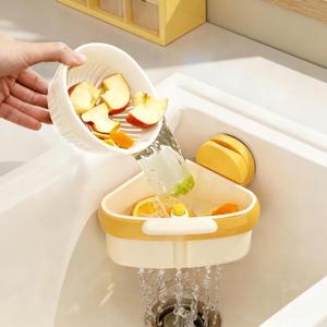 Sink Strainer Basket, Corner Sink Strainer with Suction Cups Dump Design, Triangle Drain Basket for Kitchen Sink, Food Waste Catcher with Drain Holes, Faucet Sponge Storage Rack