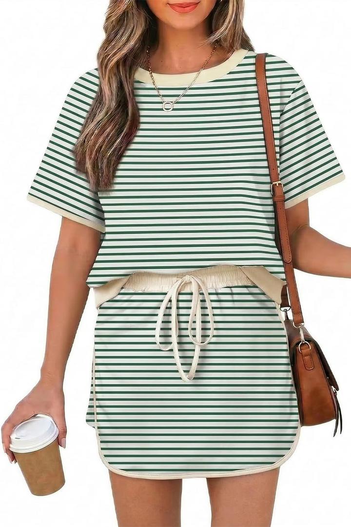 Opemiby Womens 2 Piece Skort Set 2026 Color Block Short Sleeve Top Drawstring Skort Matching Sets Casual Lounge Summer Outfit L