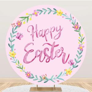 Renaiss 7.2x7.2ft Happy Easter Round Backdrop Cover Watercolor Pink Flower Easter Wreath Circle Photography Background Spring Easter Baptism Newborn Party Decors Easter Garland Arch Photo Booth Props